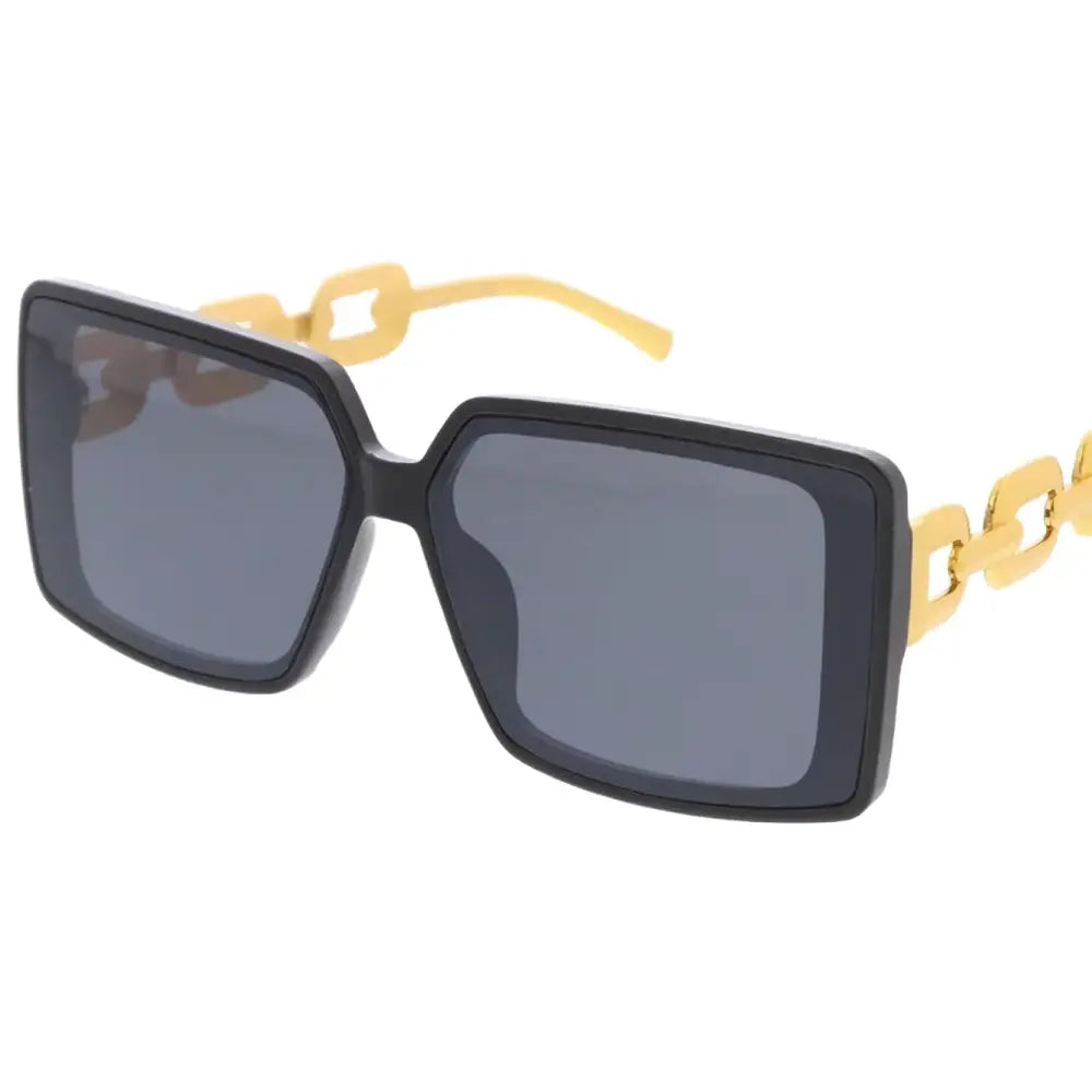 Black square-framed sunglasses with gold chain-link temples and dark gray lenses in a set of 12 sa850
