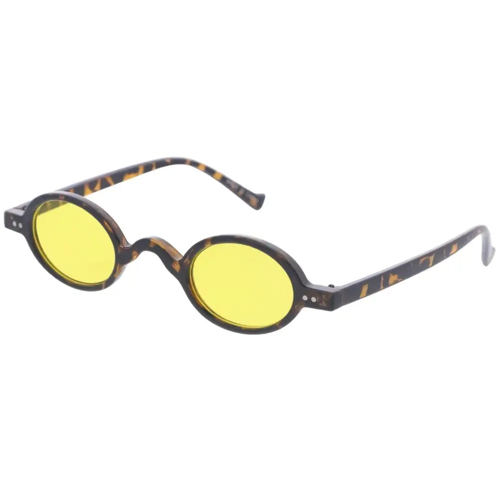 Set of 12 tortoiseshell-framed round sunglasses with vibrant yellow lenses