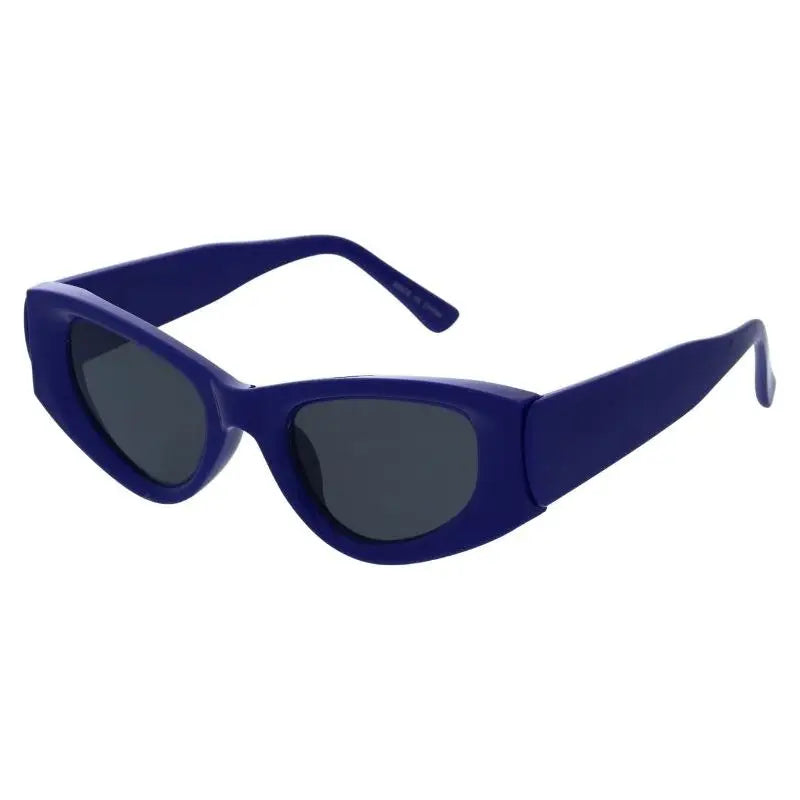 Set of 12 cobalt blue cat-eye sunglasses with glossy plastic frames and dark gray lenses