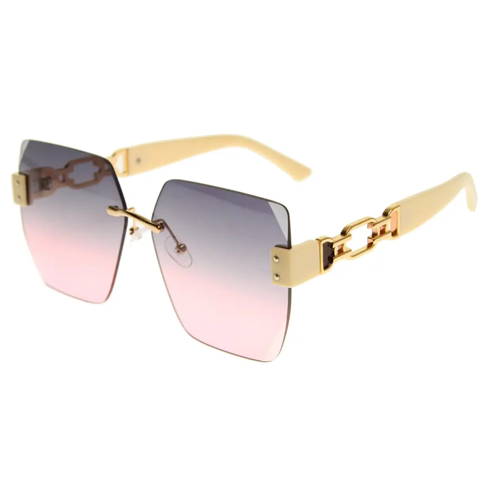 Set of 12 gold-toned chain-link framed sunglasses with gradient pink to gray lenses and square shape