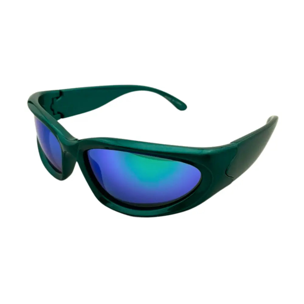 Set of 12 dark green plastic-framed sunglasses with reflective blue and teal mirrored lenses