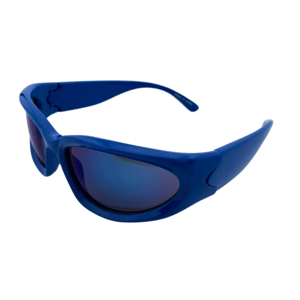 Set of 12 blue plastic sunglasses with dark blue mirrored lenses and rectangular frames model sa894