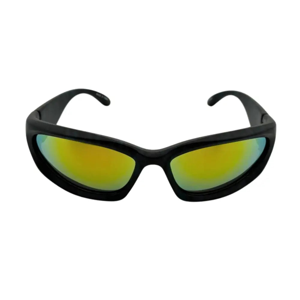 Set of 12 black-framed sunglasses with reflective yellow-green lenses and rectangular shape model sa894