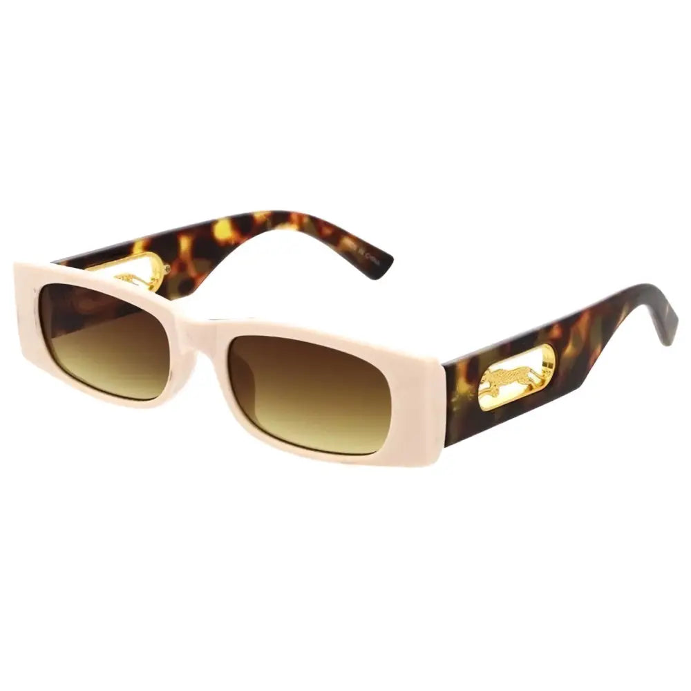 Cream-colored rectangular sunglasses with tortoiseshell arms and gold-tone logo accents set of 12