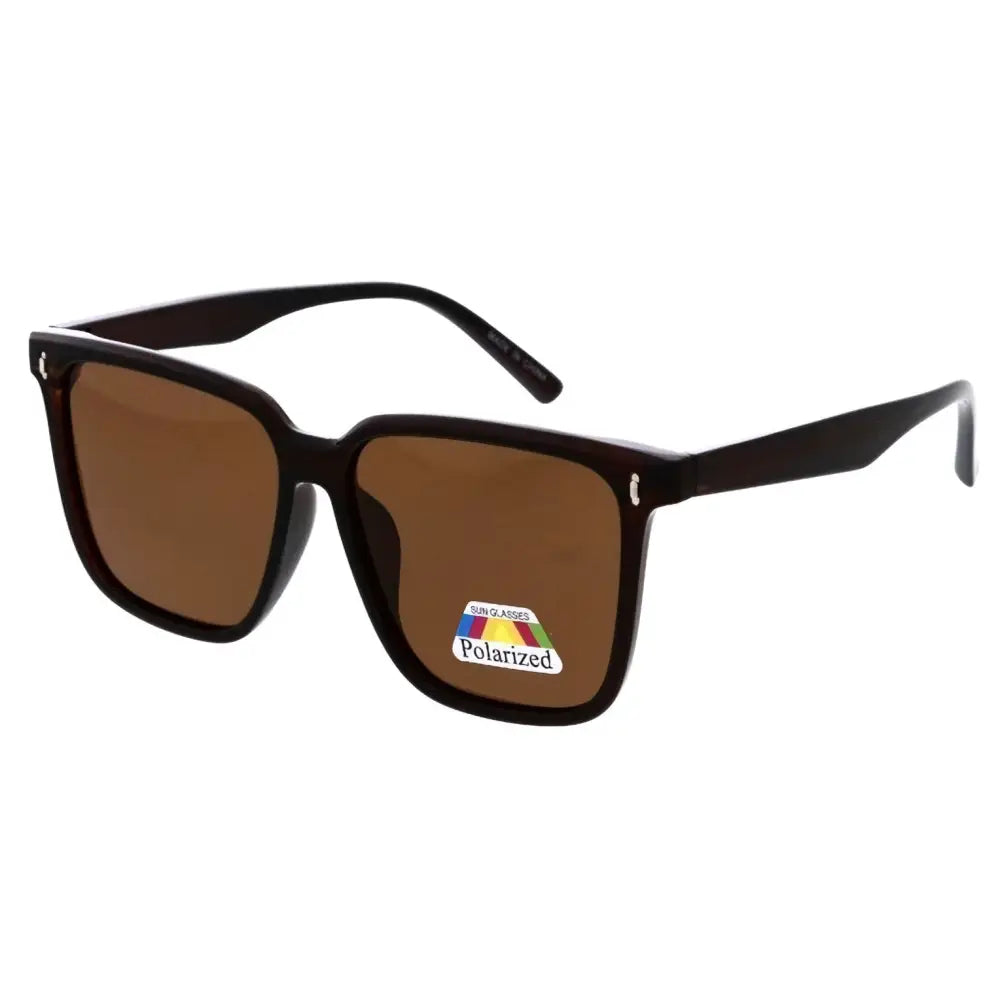 Black rectangular sunglasses with brown polarized lenses shown in a set of 12 under product code sa902p