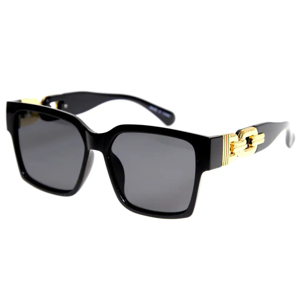 Gafas de sol de montura cuadrada negra con varillas de cadena dorada y lentes gris oscuro sa907, juego de 12