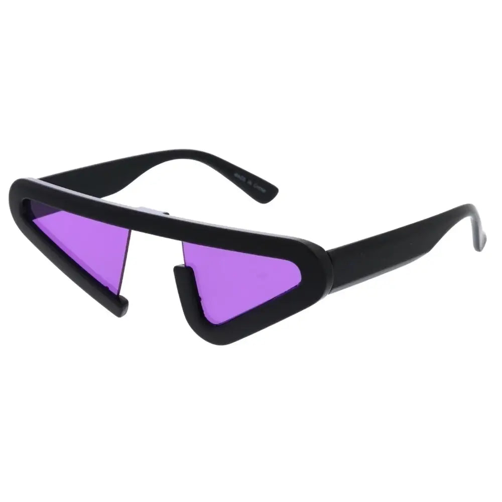 Set of 12 black-framed sunglasses with vibrant purple triangular lenses in product SA913