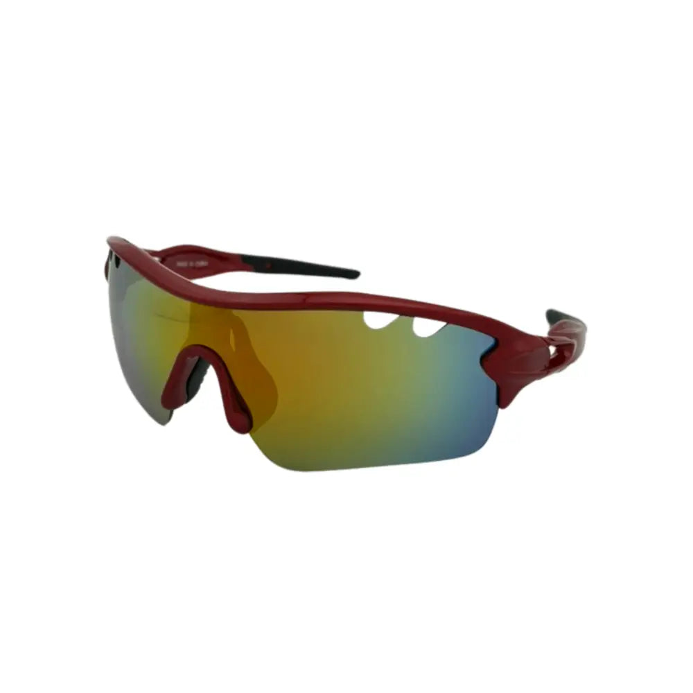 Set of 12 red sport sunglasses with sleek aerodynamic frames and gradient mirrored lenses shifting from gold to blue