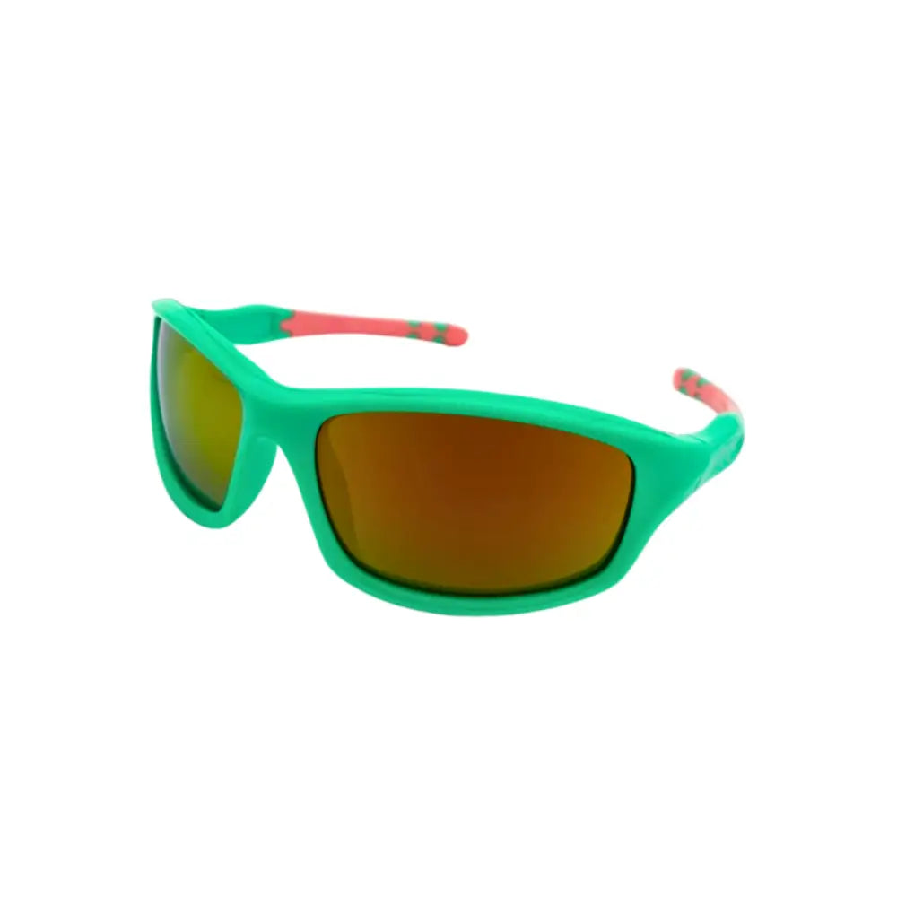 Set of 12 vibrant green sporty sunglasses with orange mirrored lenses and pink-accented temple tips sa931k
