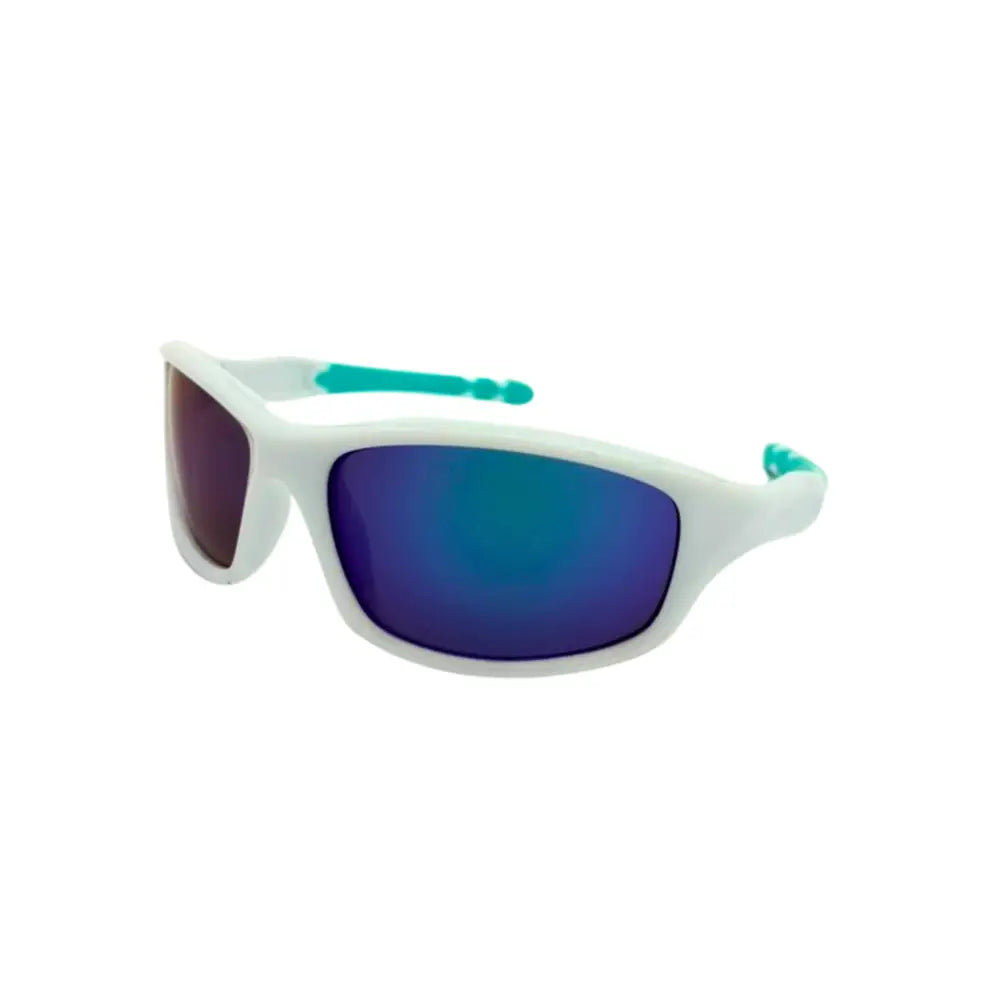 Set of 12 children’s white and teal sunglasses with blue and purple mirrored lenses and rounded frames