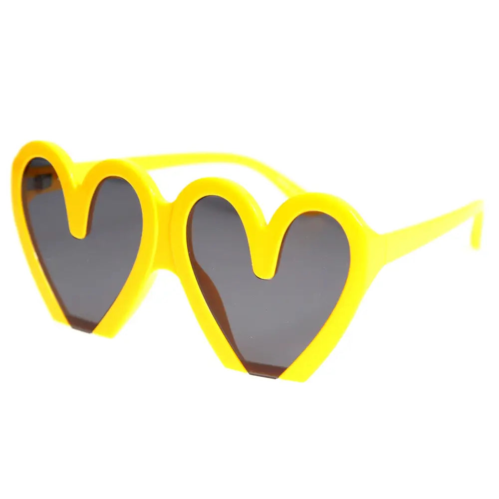 Set of 12 bright yellow heart-shaped sunglasses with dark gray lenses and plastic frames model SA943