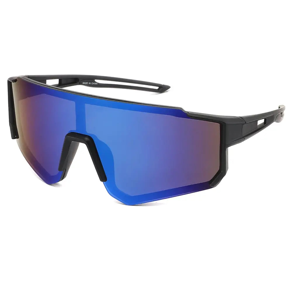 Black-framed sport sunglasses with vibrant blue mirrored lenses reflecting purple and red hues set of 12 for kids