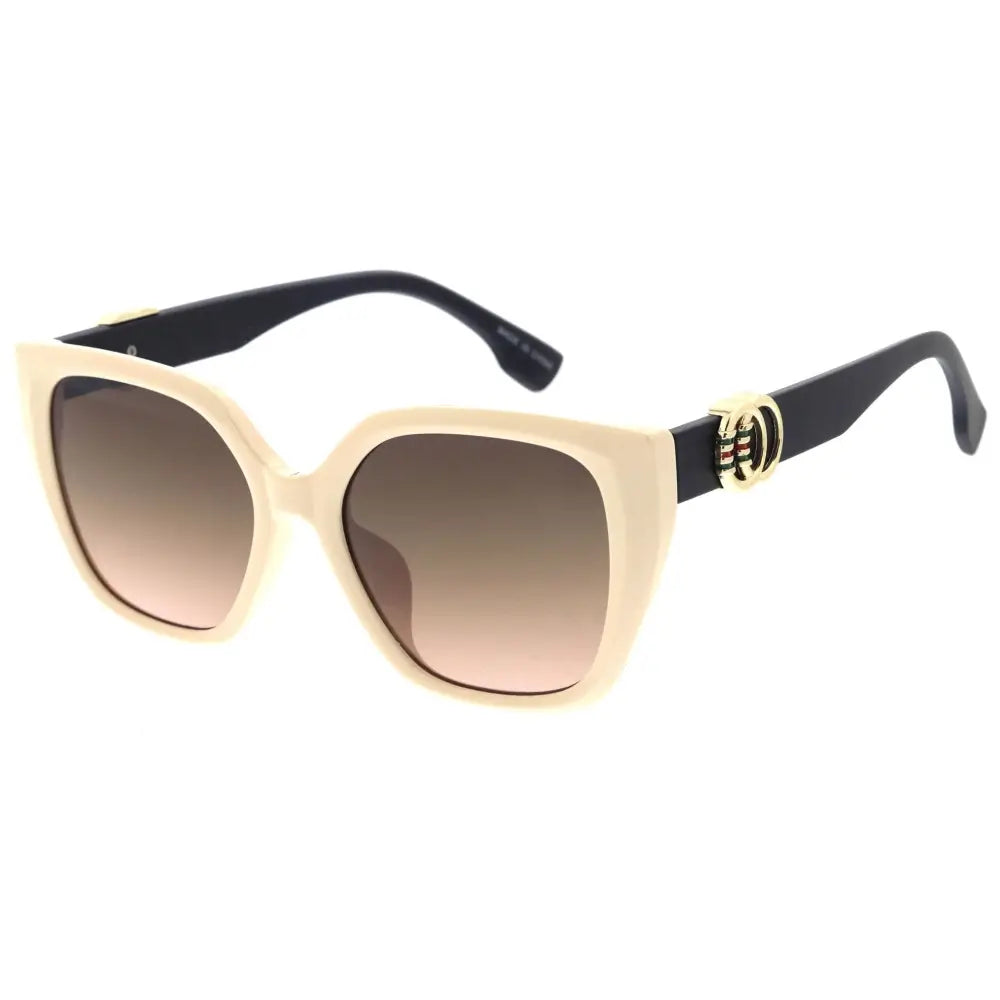 Cream-colored square-framed sunglasses with black temple arms and gold-tone logo accents set of 12