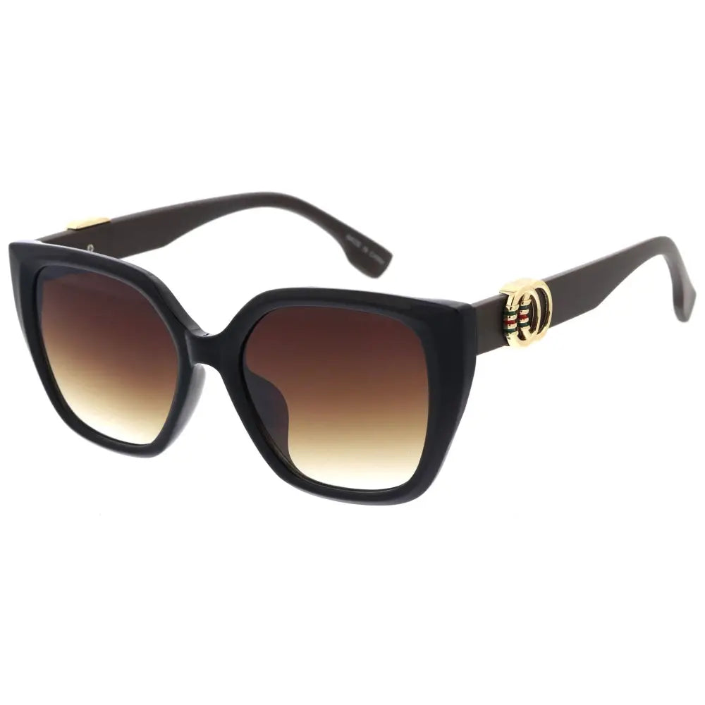Set of 12 black square-framed sunglasses with gradient brown lenses and gold-tone temple accents