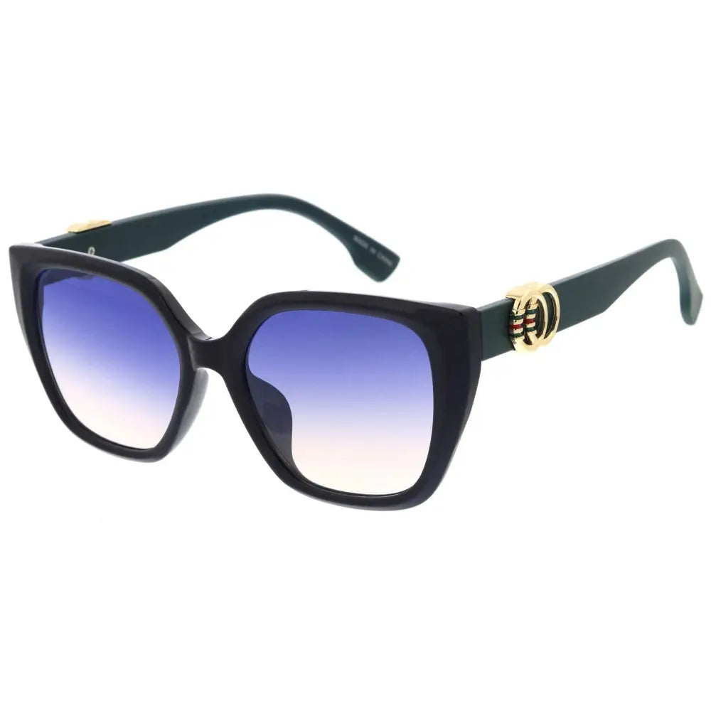 Set of 12 black square-framed sunglasses with gradient blue to white lenses and gold-tone logo accents on the temples