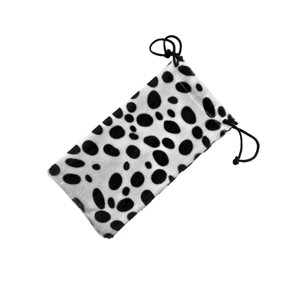 White fabric drawstring pouch with black polka dots for storing glasses set of 12