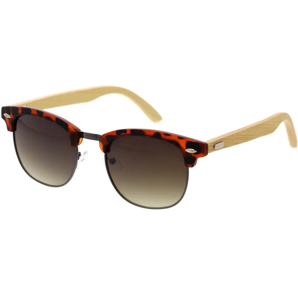 Set of 12 sunglasses with tortoiseshell acetate frames, light wood textured temples, and gradient brown lenses