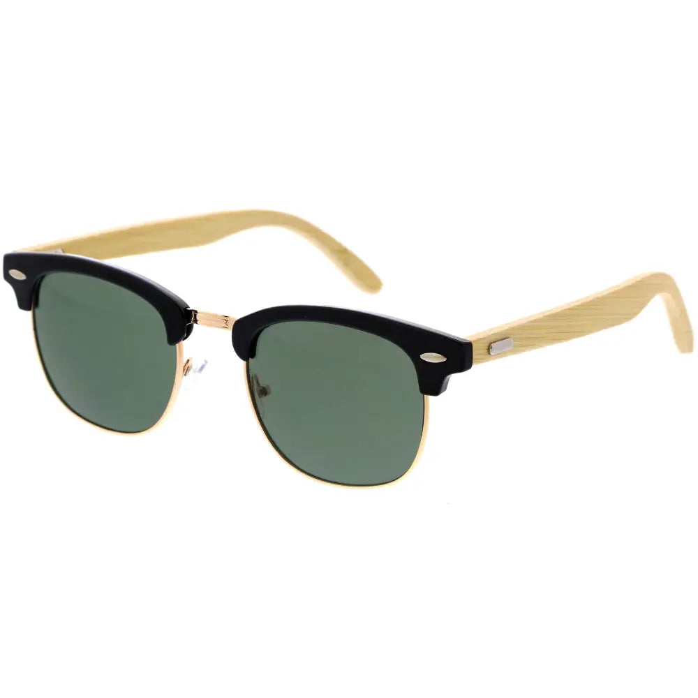 Set of 12 sunglasses with black and bamboo frames and green lenses, model W3266