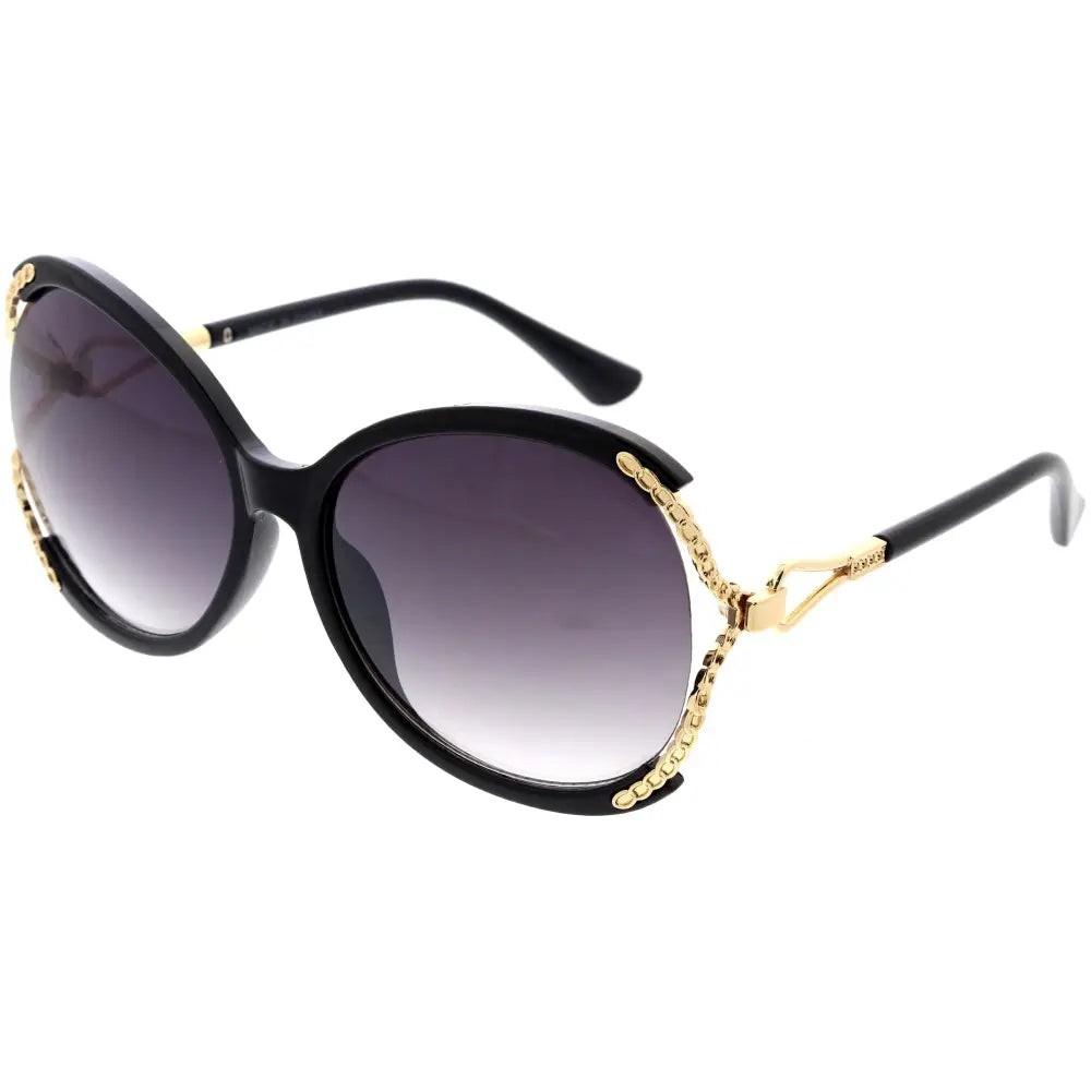 Set of 12 black cat-eye sunglasses with gold chain detailing and gradient gray lenses model W3338