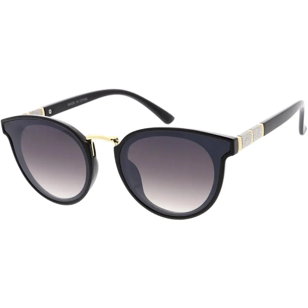 Black cat-eye sunglasses with gradient gray lenses and gold-tone metal accents on the bridge and temple tips set of 12