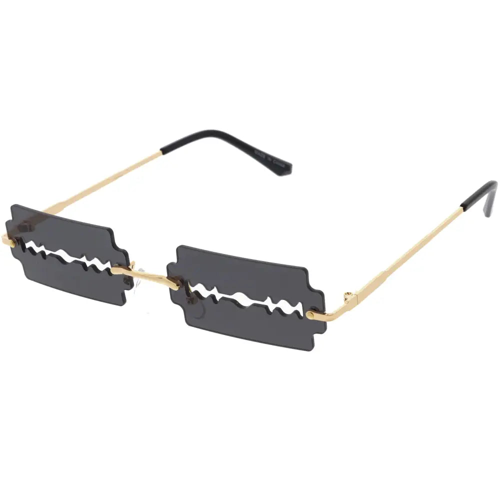 Set of 12 gold-rimmed sunglasses with black razor blade shaped lenses and thin metal frames