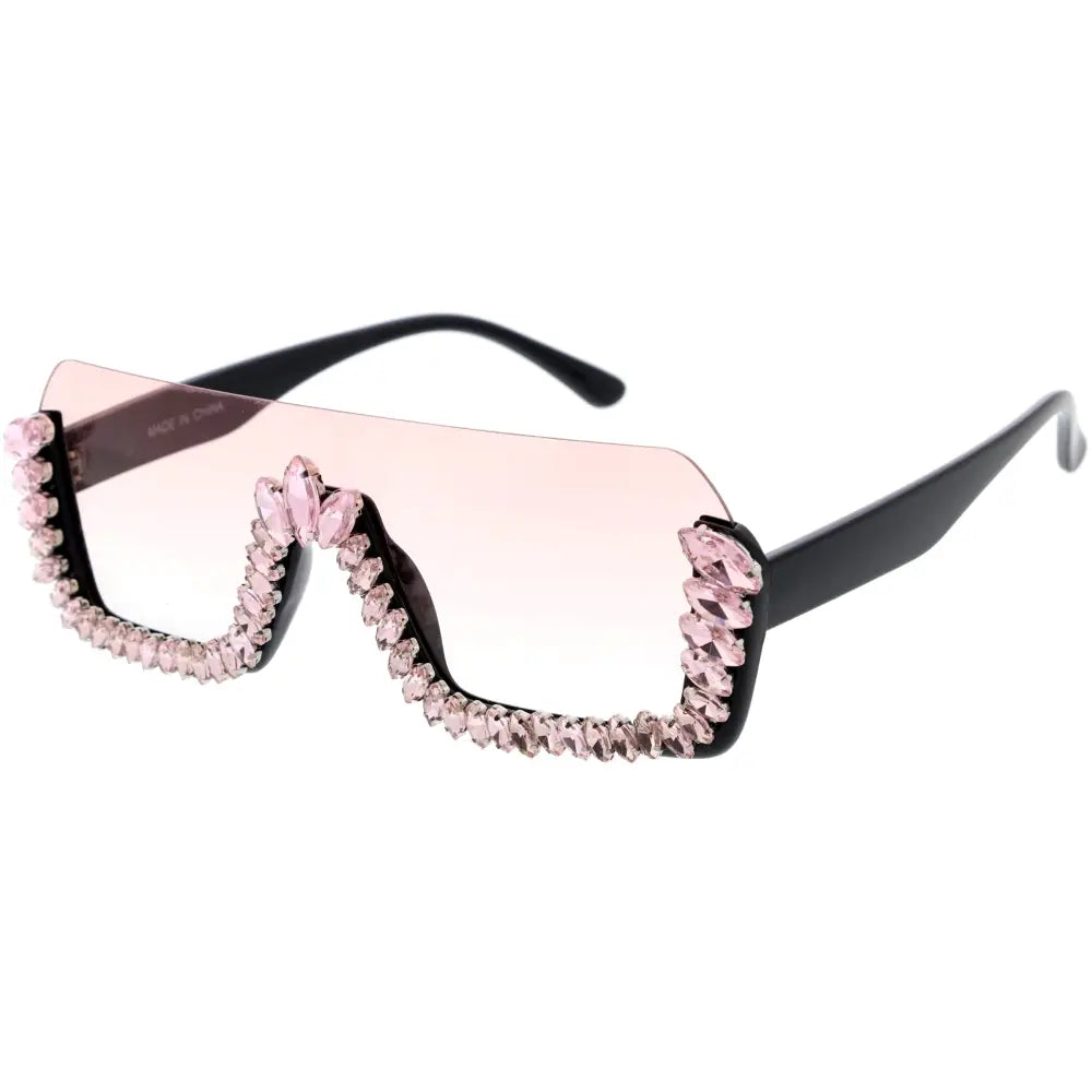 Juego de 12 gafas de sol de montura negra con lentes degradados rosas y bordes ornamentados con cristales rosas brillantes