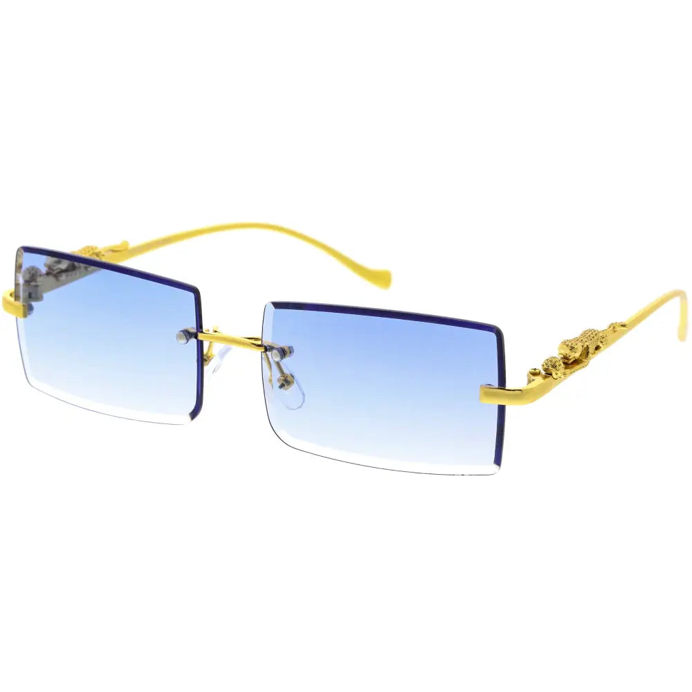 Gold-framed rectangular sunglasses with blue gradient lenses and ornate sculpted temple tips set of 12 W3466