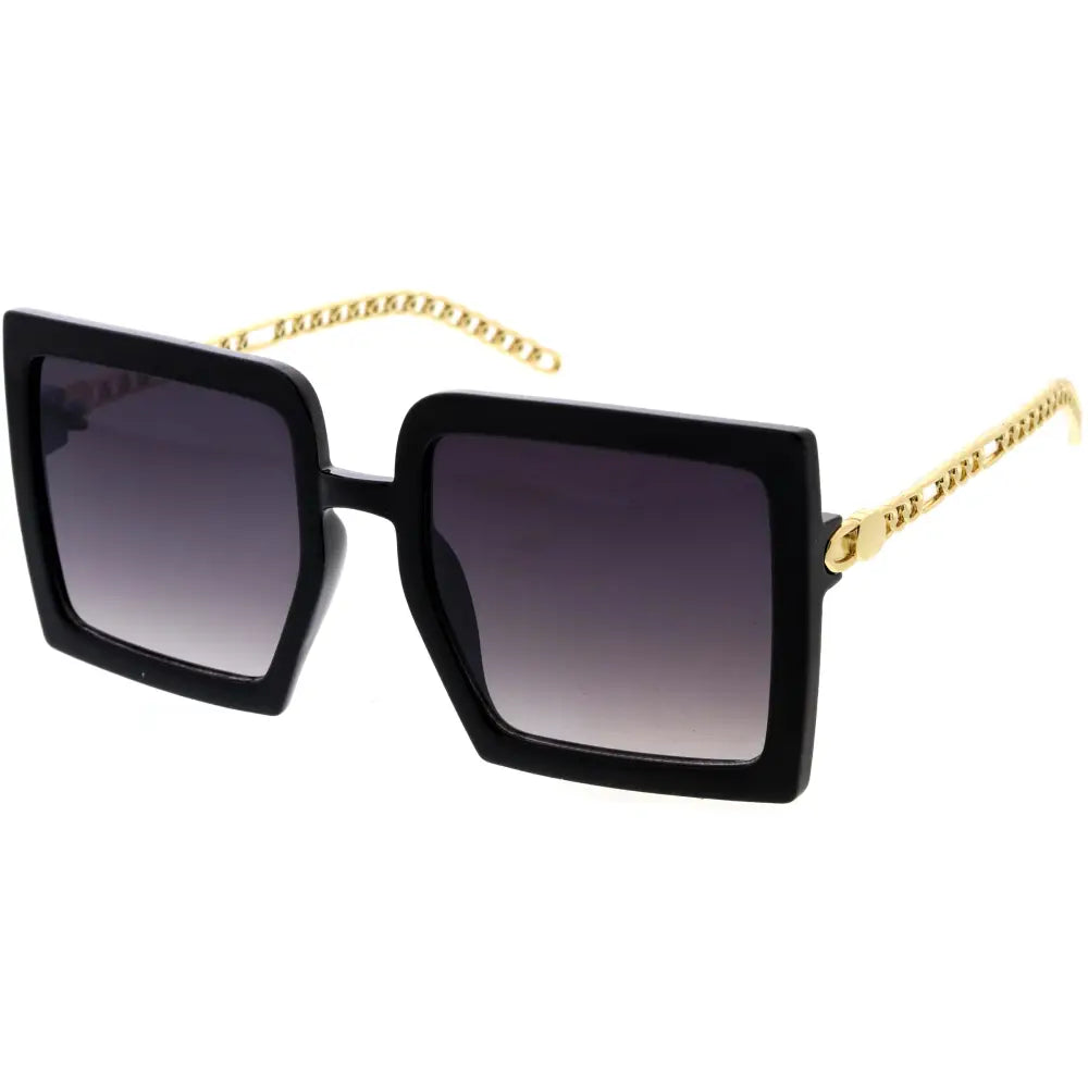 Gafas de sol de montura cuadrada negra con varillas de cadena dorada y lentes degradados grises, juego de 12 w3492