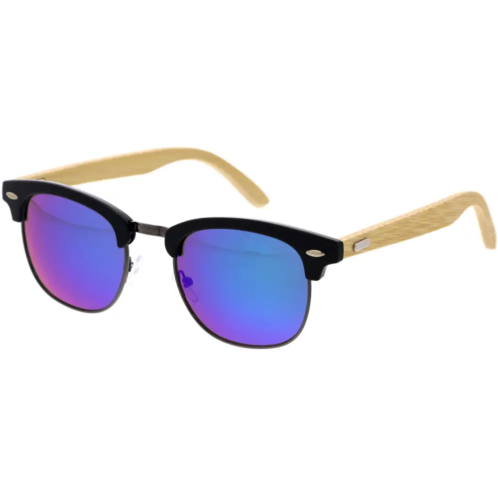 Black-framed sunglasses with wooden temples and blue-purple iridescent mirrored lenses set of 12 w3493