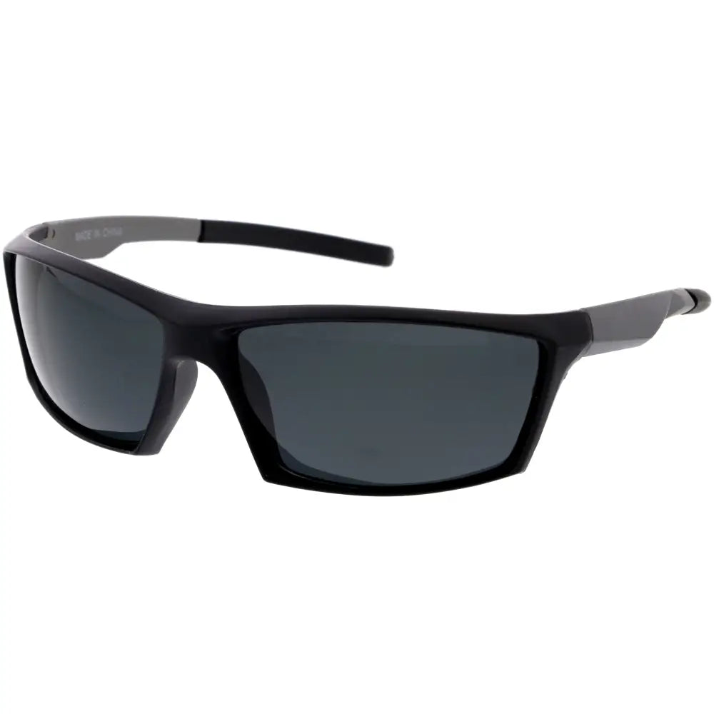 Black and gray sport-style sunglasses with dark gray lenses in a set of 12 model w3501p