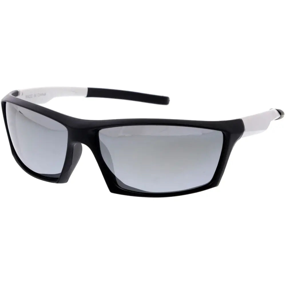Sport-style sunglasses with black and white frames and gradient gray mirrored lenses w3501p set of 12