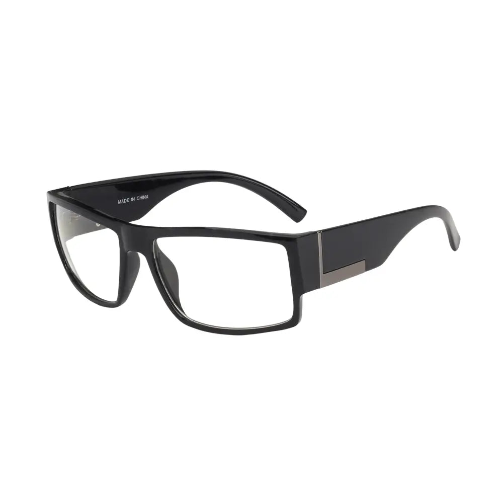 Black rectangular-framed eyeglasses with clear lenses, glossy finish, and subtle metallic accents on the temples in set of 12