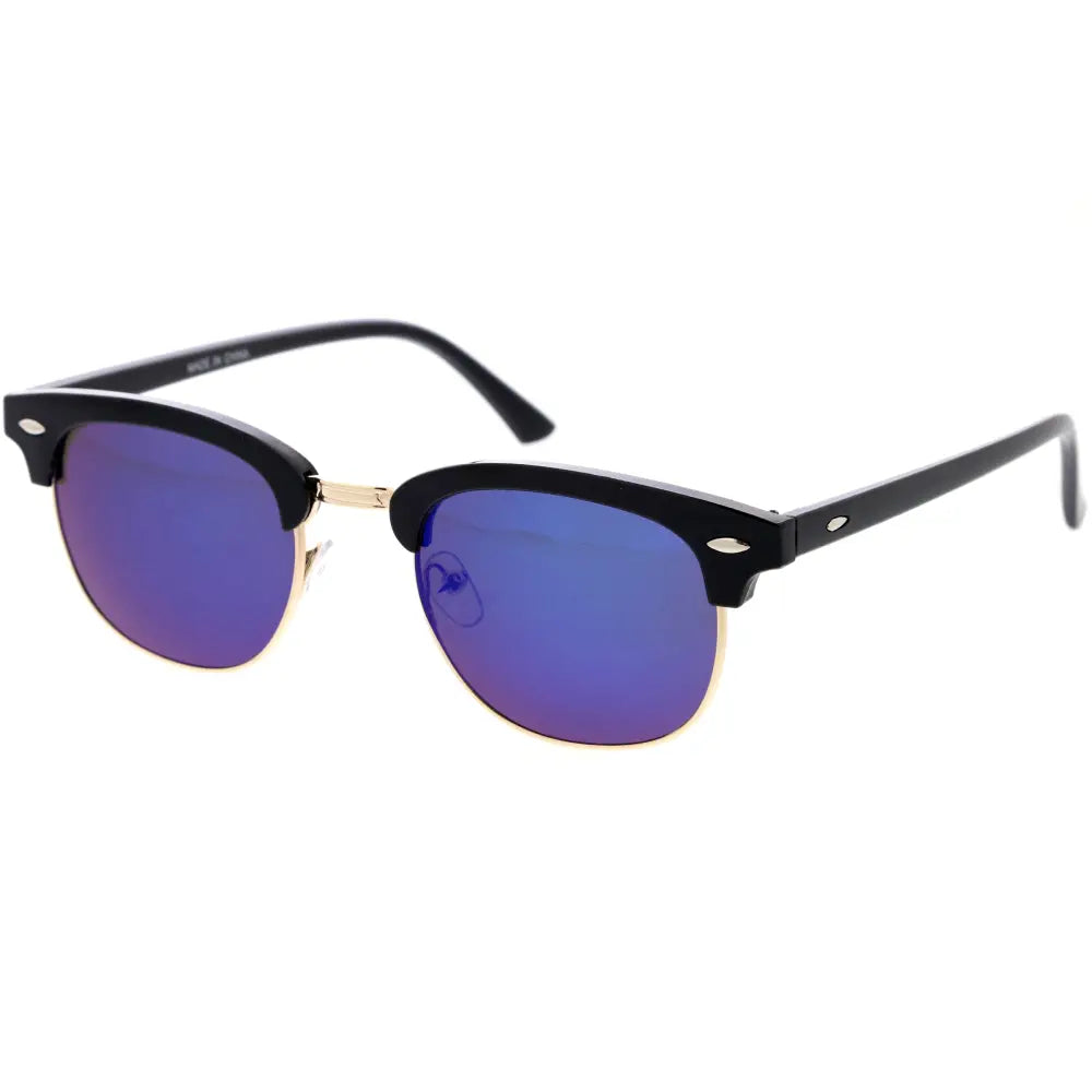 Gafas de sol negras y doradas de media montura con lentes reflejantes azul y morado w3519, juego de 12