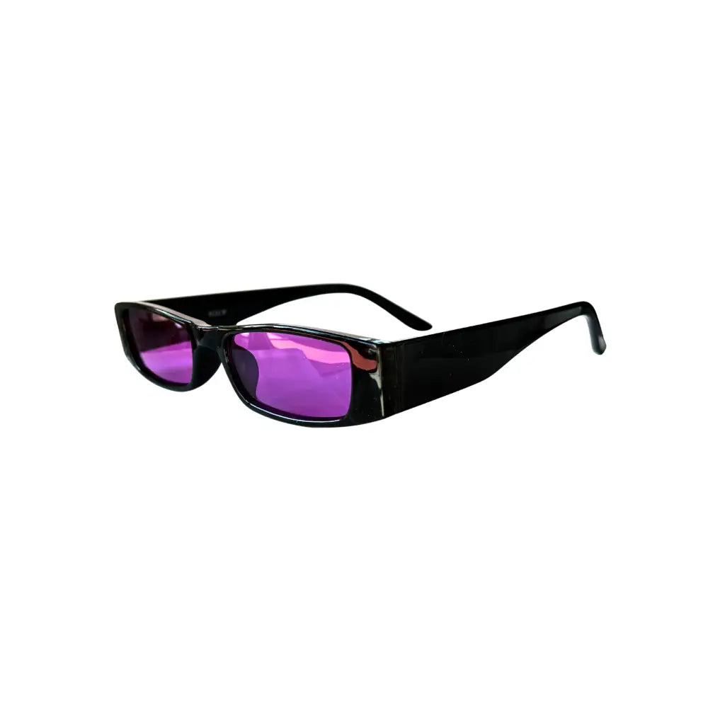Black-framed sunglasses with vibrant purple lenses in a set of 12 model W3528