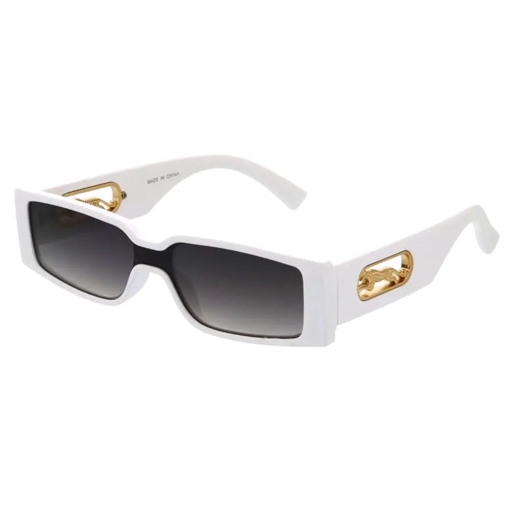 White rectangular sunglasses with gold-tone lion head embellishments on temples and gradient gray lenses set of 12