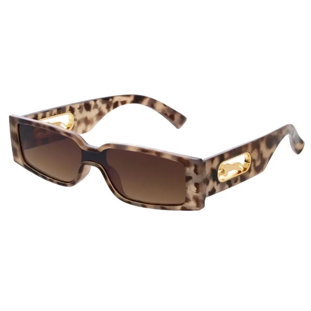 Gafas de sol con estampado de leopardo marrón, montura rectangular y emblemas de león dorados en las varillas, juego de 12