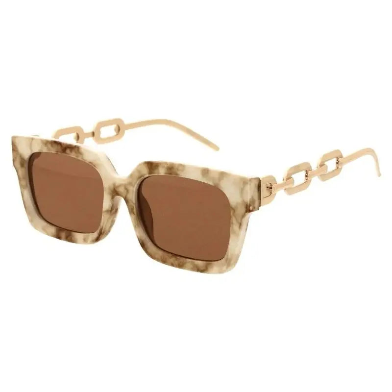 Square sunglasses with beige and brown marbled frame, gold chain-link temples, and dark brown lenses set of 12 W3533