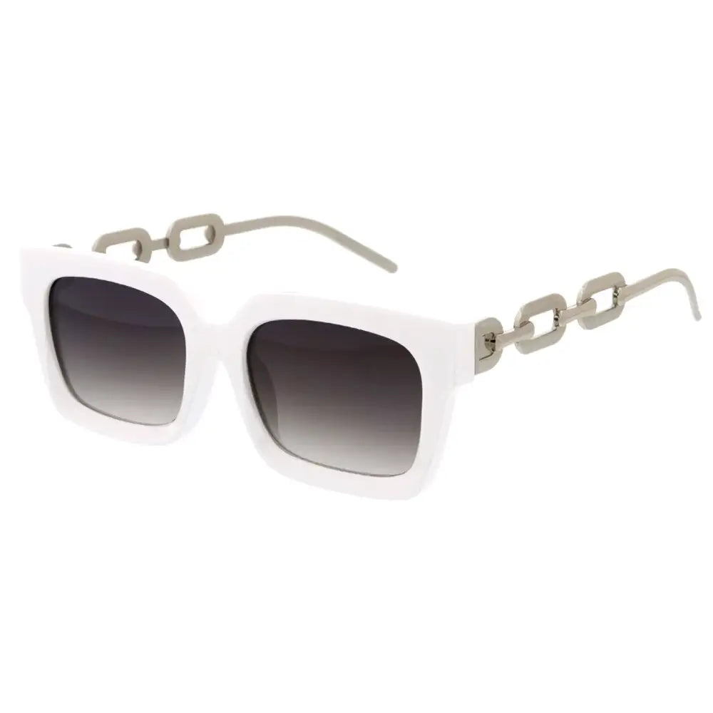 White square-framed sunglasses with gradient gray lenses and silver chain-link temple details set of 12