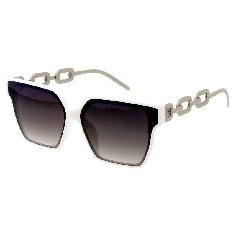 Gafas de sol geométricas de montura blanca con varillas de cadena plateada y lentes degradados gris oscuro, juego de 12 W3534