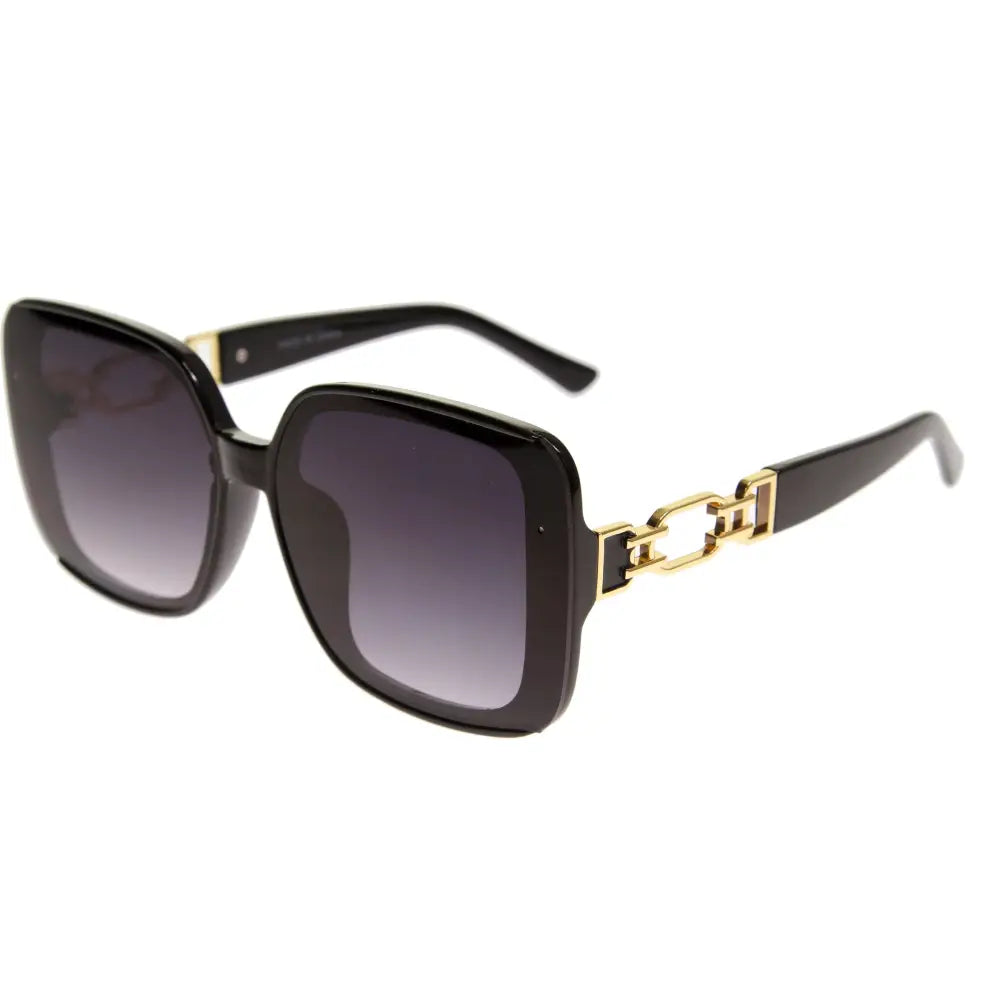 Black square-framed sunglasses with gold-tone chain-link temples and gradient gray lenses set of 12