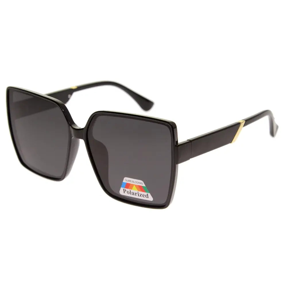 Black square-framed sunglasses with gold accent tips and polarized gray lenses in a set of 12 w3547p