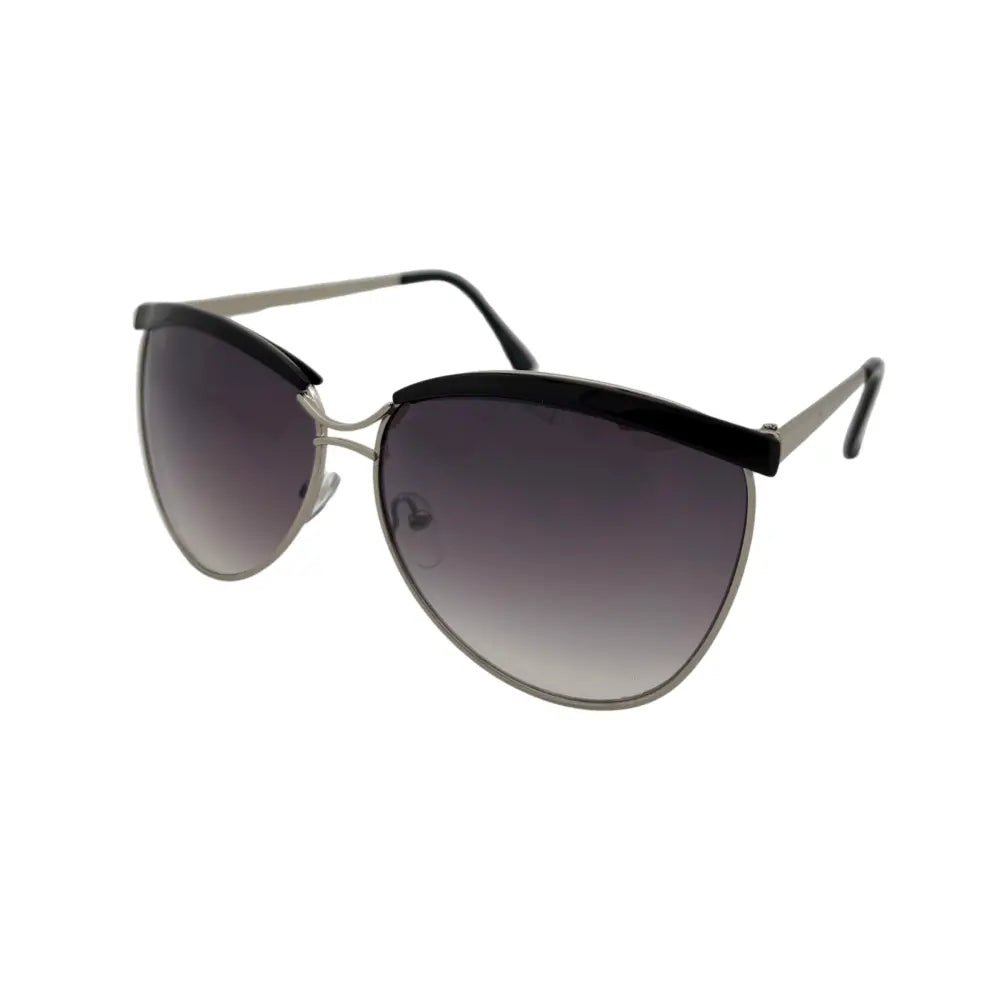 Set of 12 black and silver cat-eye sunglasses with gradient gray lenses and metal frame accents