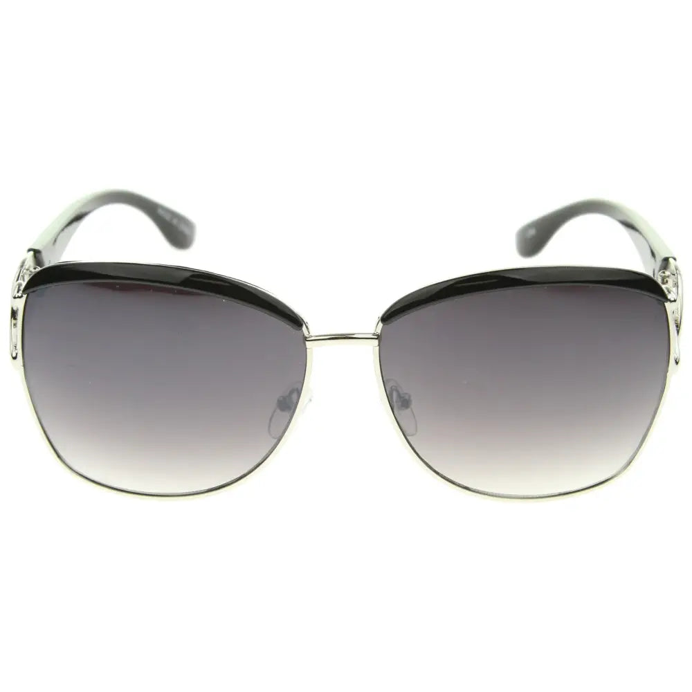 Silver-framed sunglasses with black gradient lenses and decorative embellishments on the temples set of 12