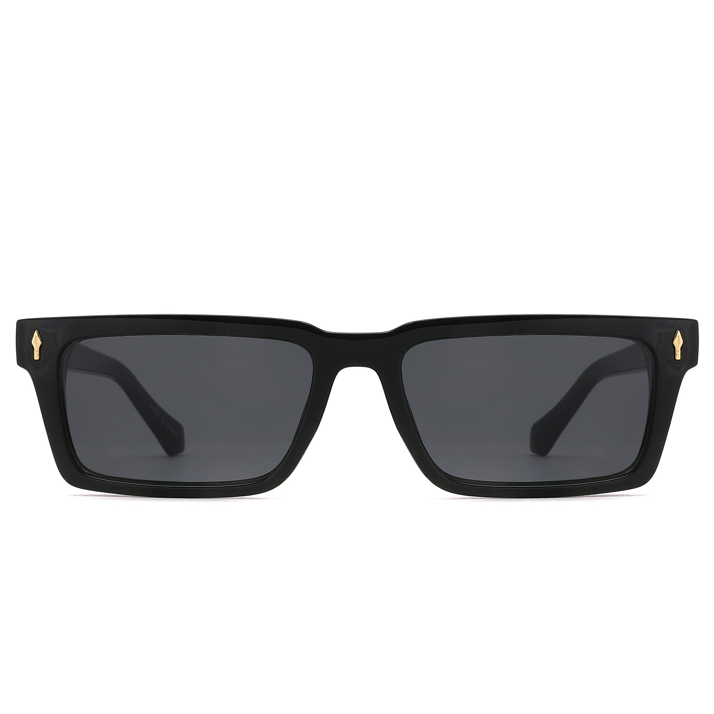 Black sunglasses with gold accents on a white background