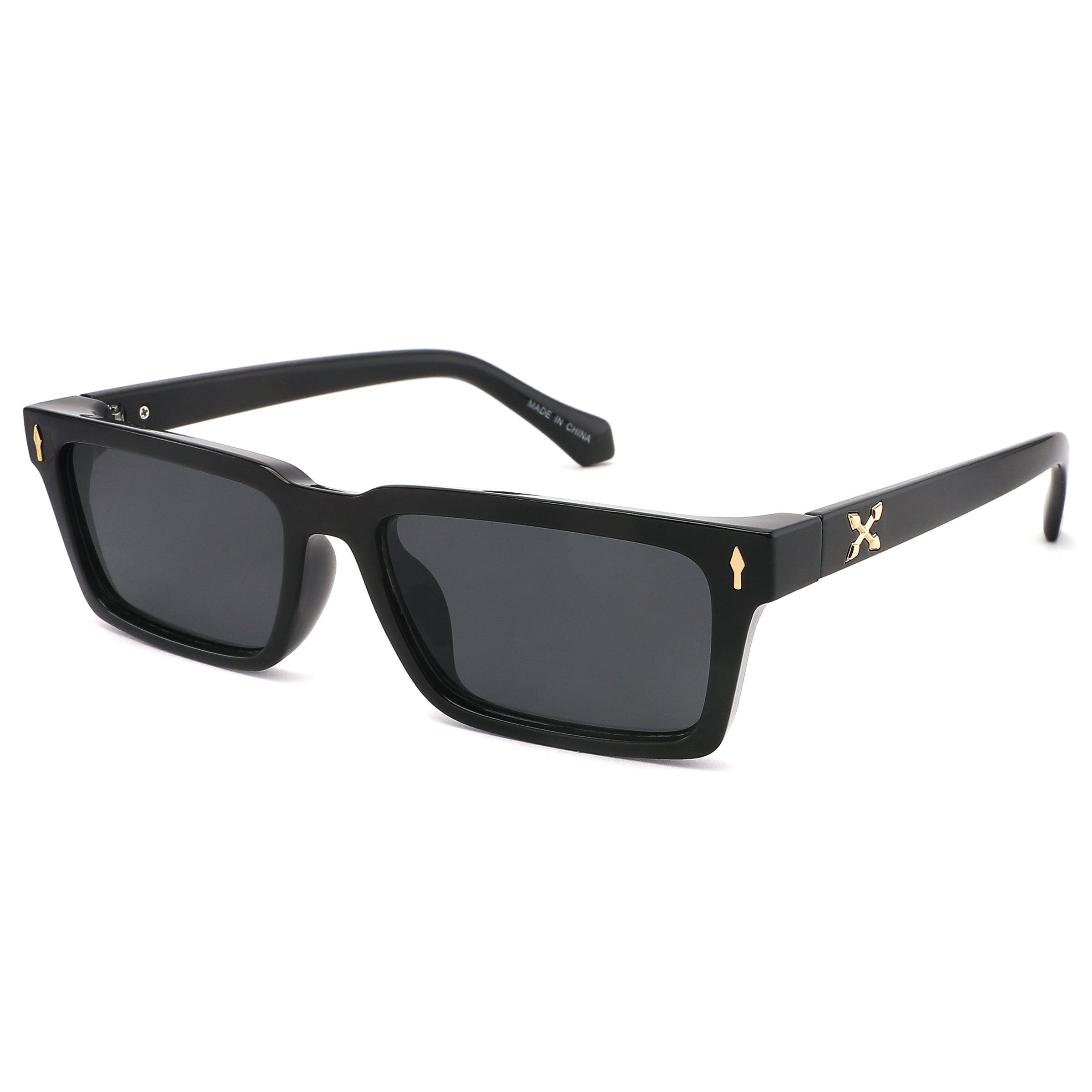 Black sunglasses with gold accents on a white background