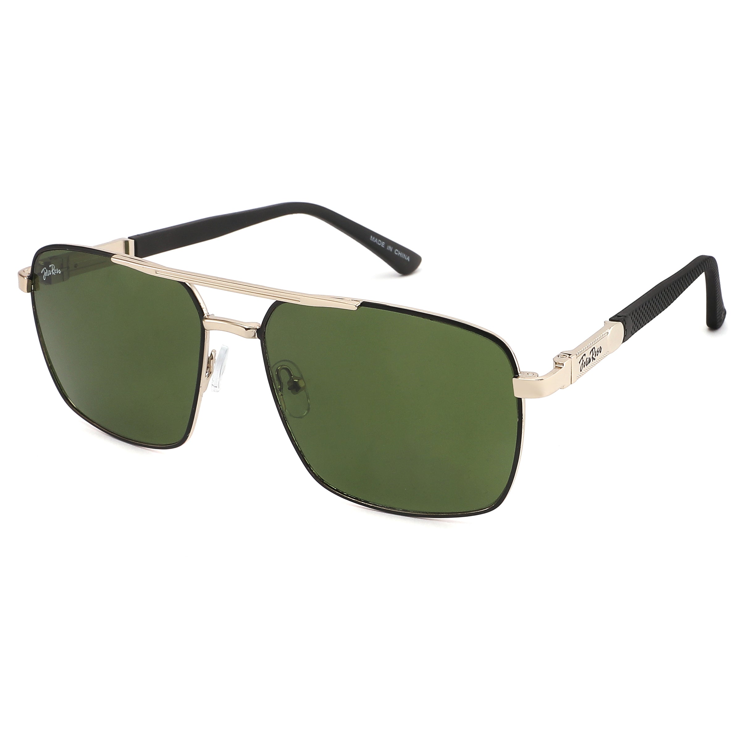 Sunglasses with gold frame and green lenses on a white background