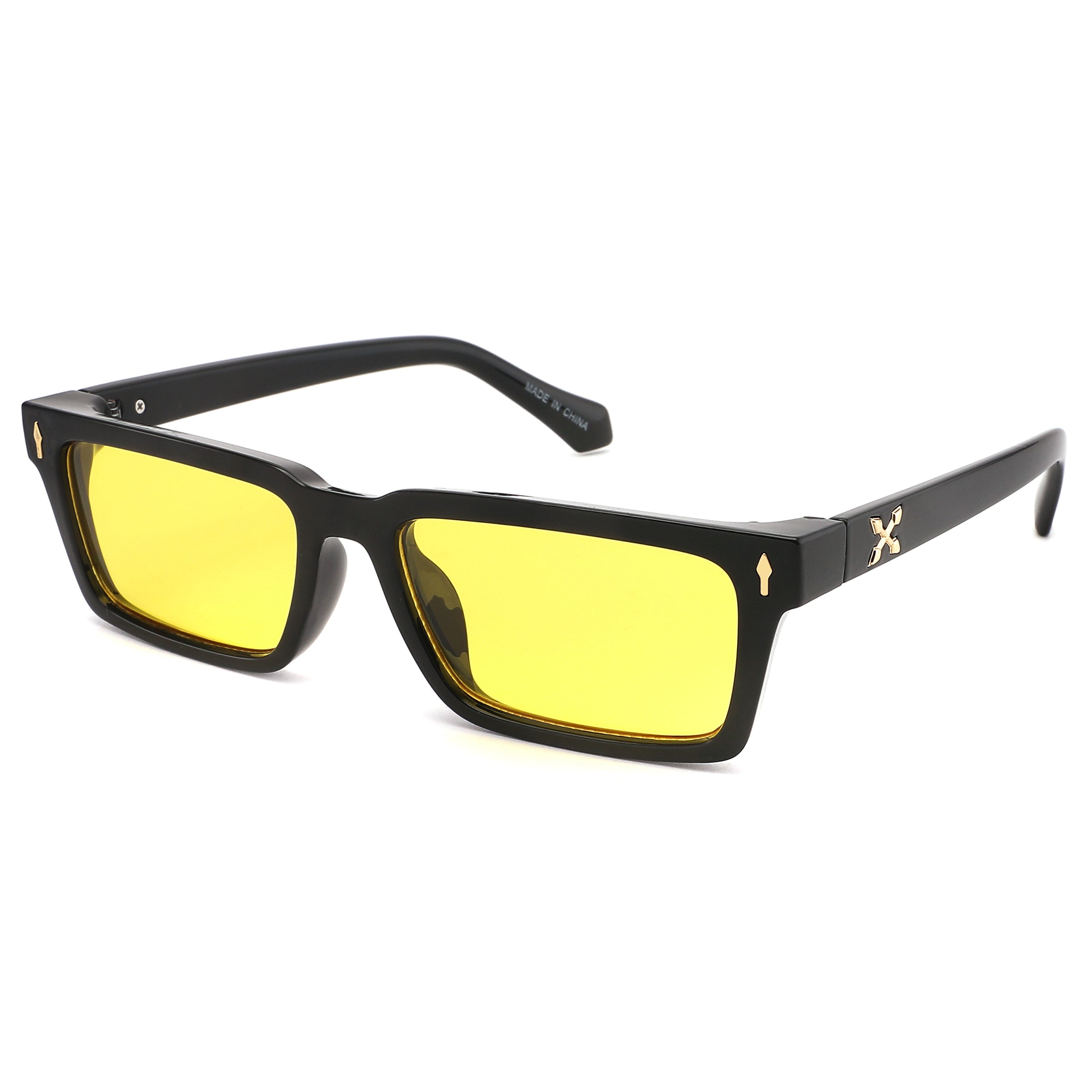 Black-framed sunglasses with yellow lenses on a white background