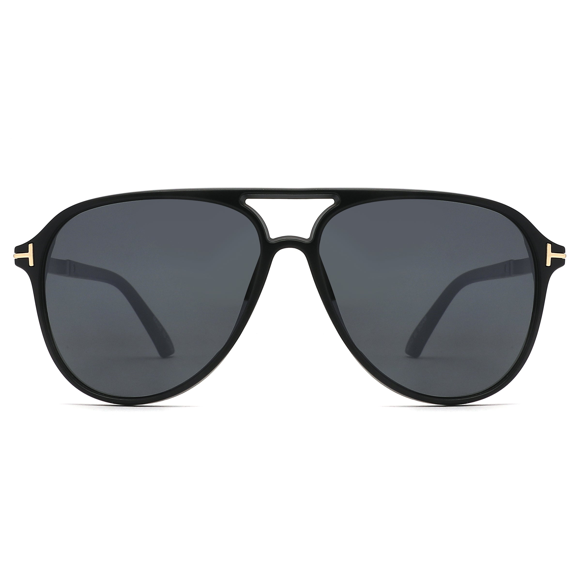Black sunglasses with gold accents on a white background