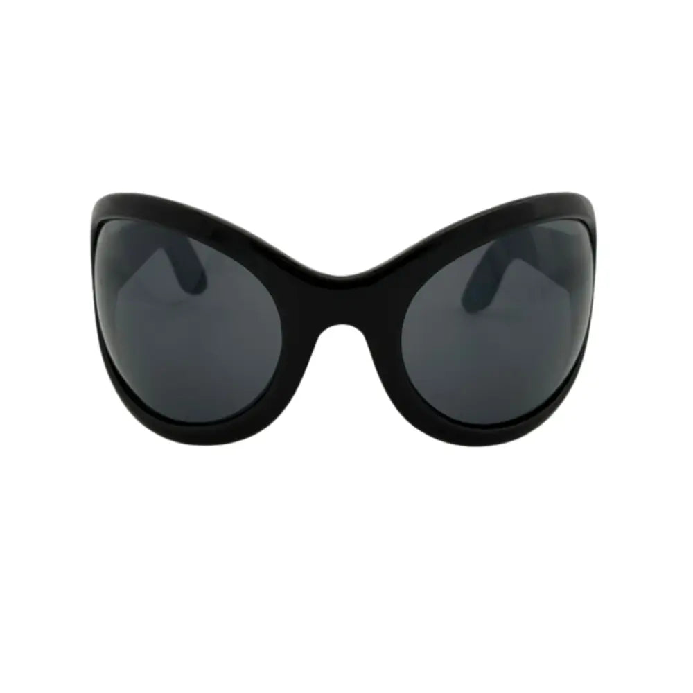 Black cat-eye sunglasses with glossy frames and dark gray lenses in a set of 12