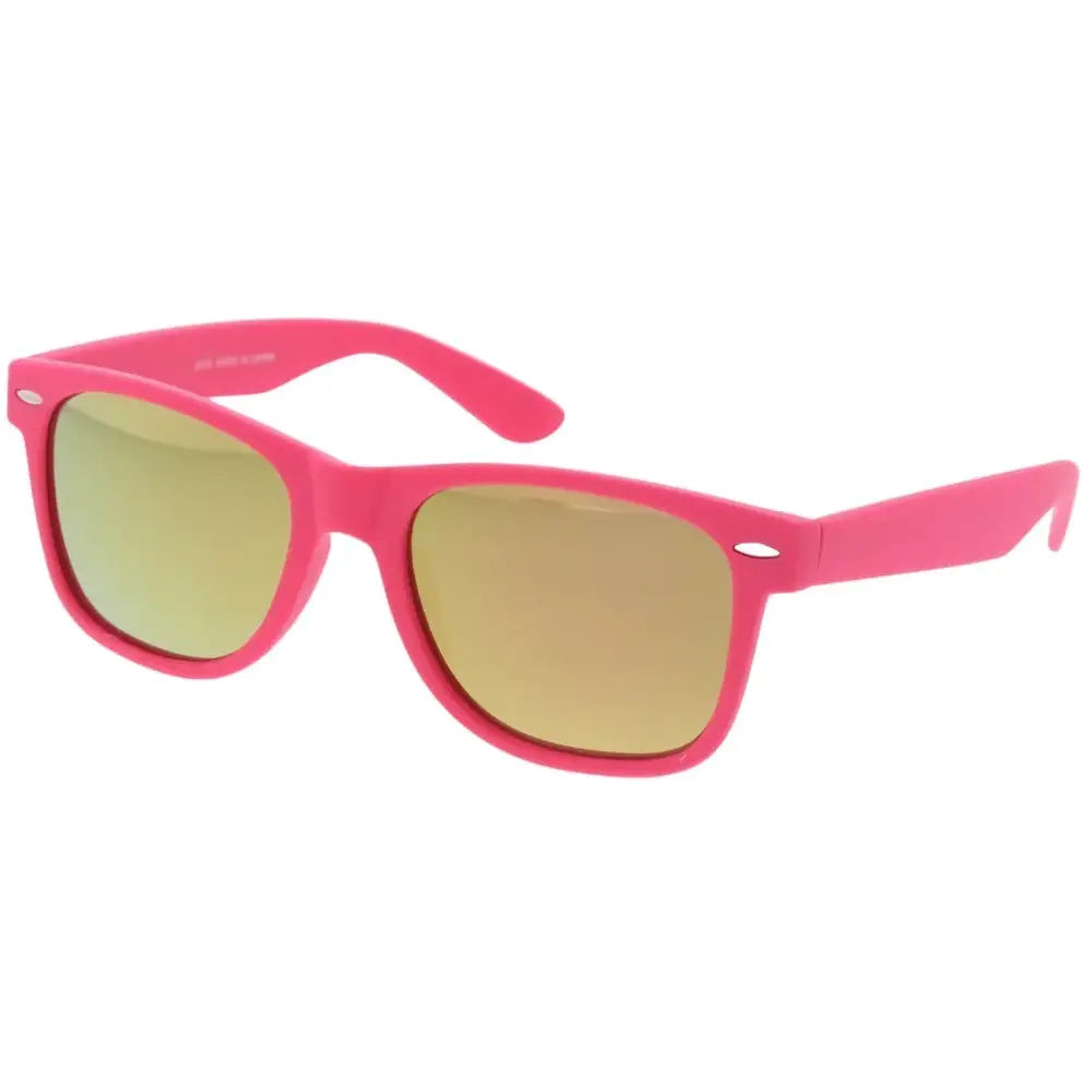 Bright pink plastic-framed sunglasses with reflective gold-tinted lenses in a set of 12 350r style